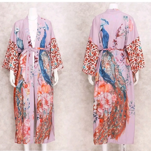 New Bohemian Floral Peacock Kimono Duster Jacket Robe Swim Cover Up - Picture 5 of 5